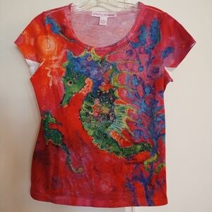 Leoma Lovegrove Colorful Seahorse Short Sleeve T-Shirt Top Size M